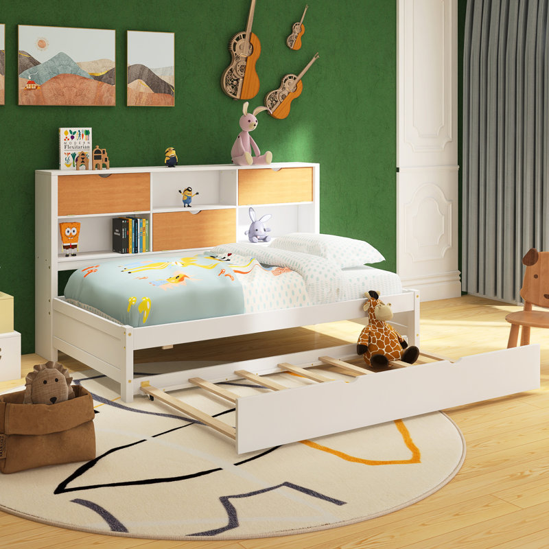 Harriet Bee Twin Size Wooden Bed Daybed With Trundle And Bookcase For Small Room Bedroom Guest Room Wayfair
